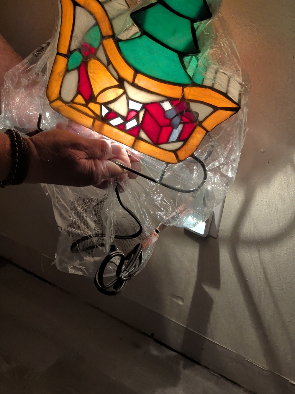 Stained Glass Holiday Tiffany Plug-In Lamp - Green, Red & Gold